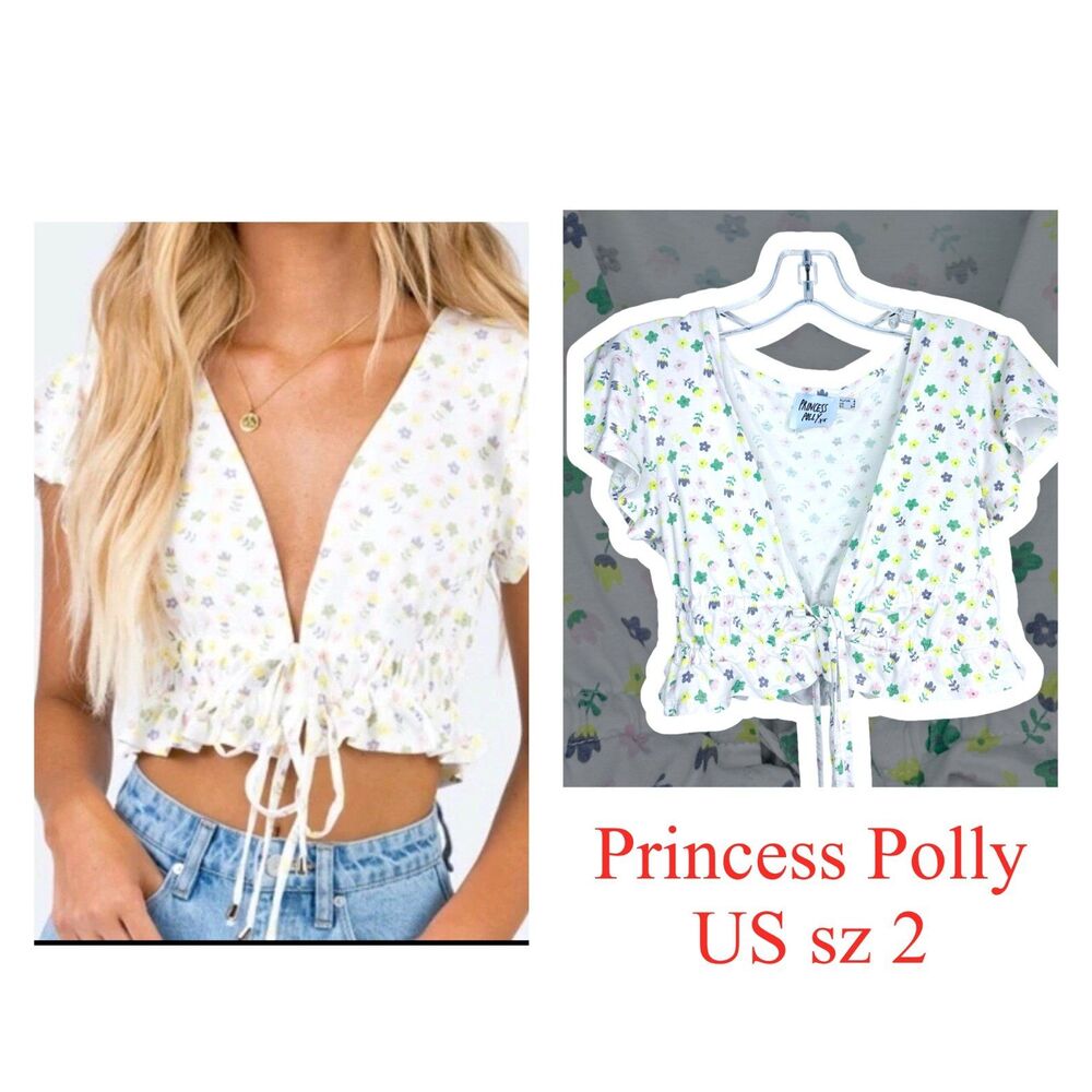 Princess Polly Women's Tied Front Crop Top Plunging Neck Floral White Size 2